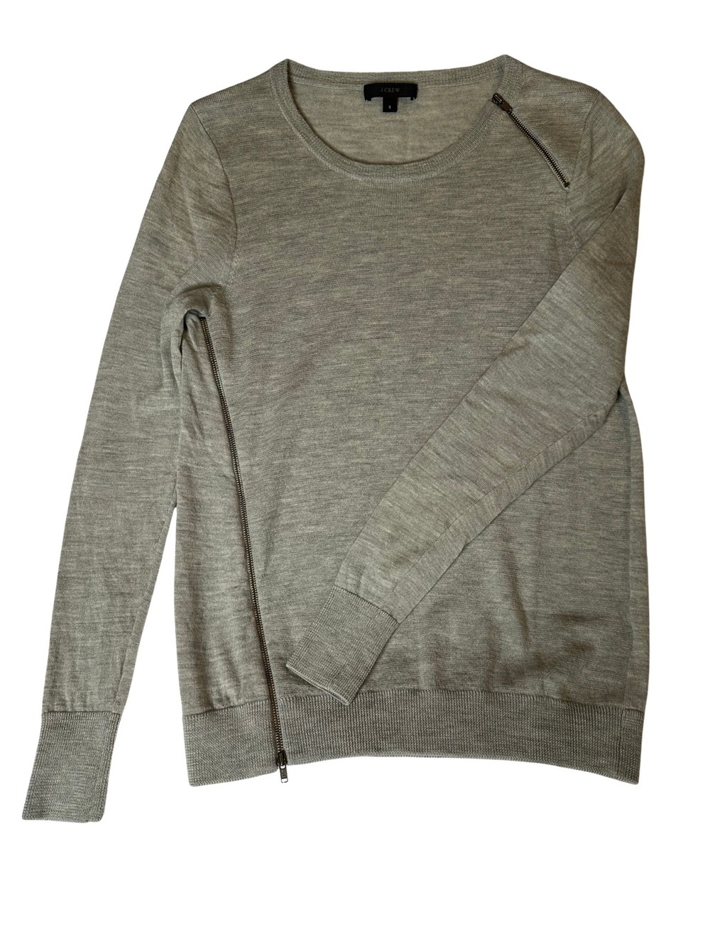 J.Crew Gray Merino Wool Sweater S Asymmetric Zip Detail Lightweight Crewneck